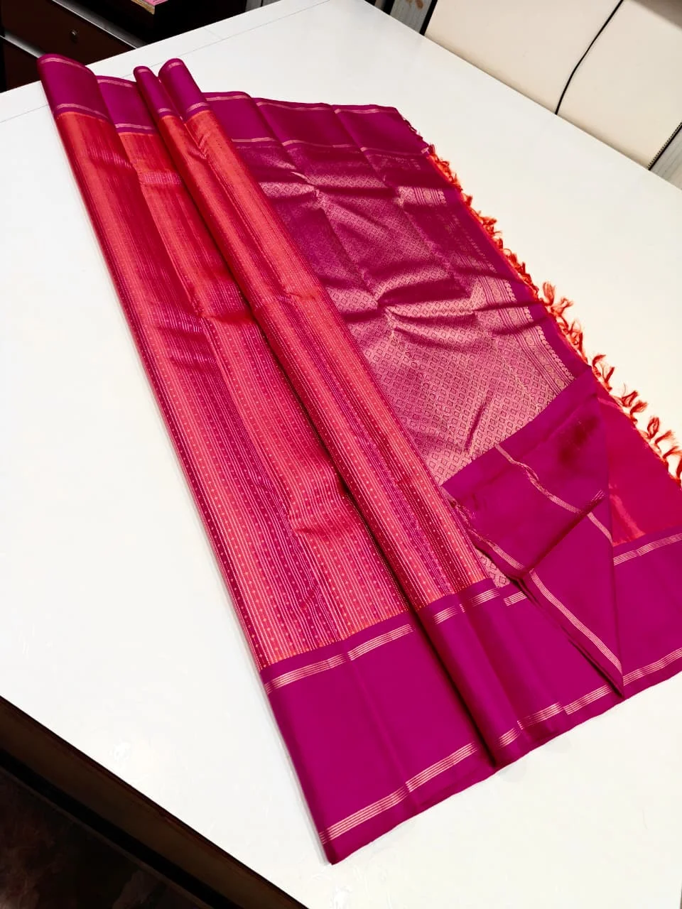 Kanchipuram Silk Blend Saree with Contrast Zari Border and Micro-Checked Pattern